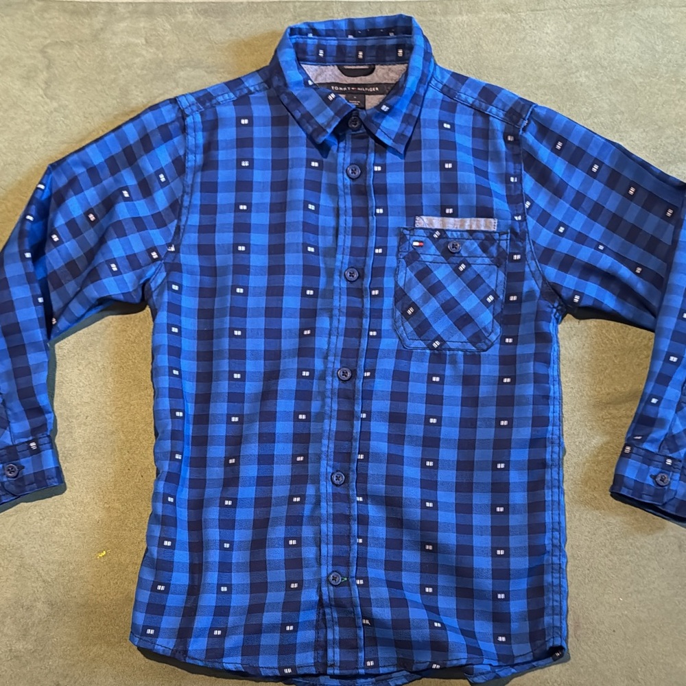 Blue Checkered Boys Tommy Hilfiger Button Down Collared Cotton Shirt Size 6